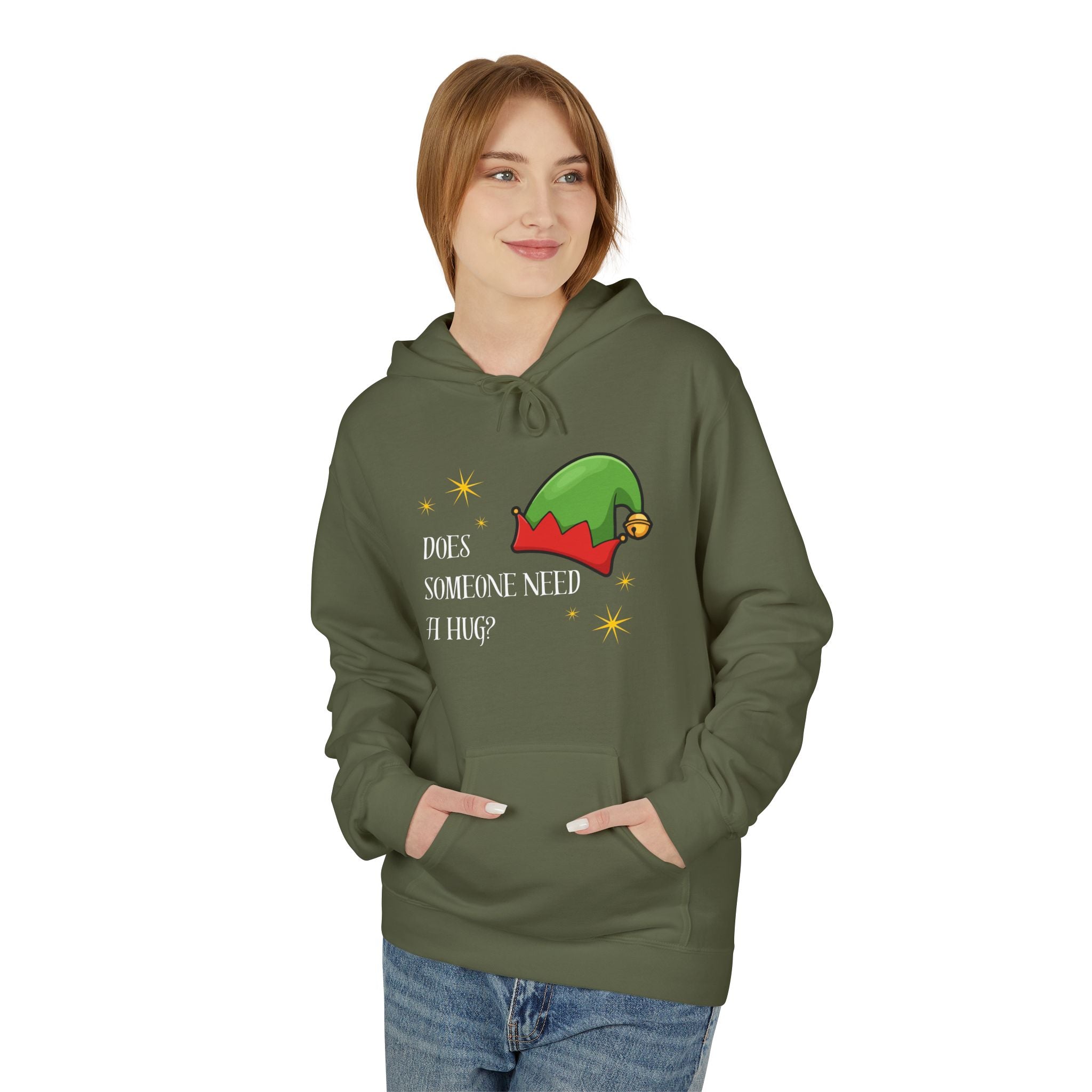 Elf Hug Hoodie — "Does Someone Need a Hug?" Cute Holiday Sweatshirt