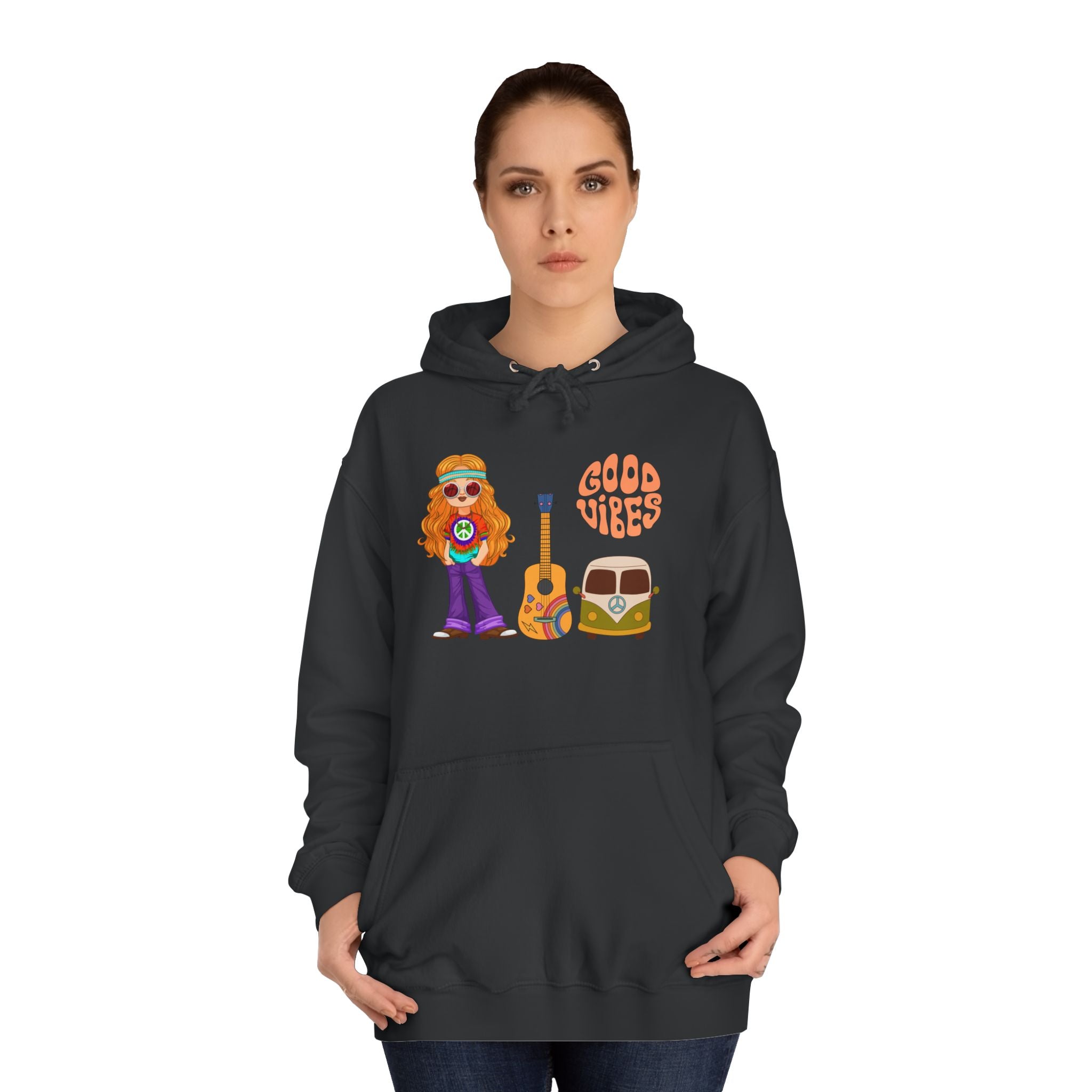 Hippie 'Good Vibes' Hoodie – Retro Guitar & Van Graphic