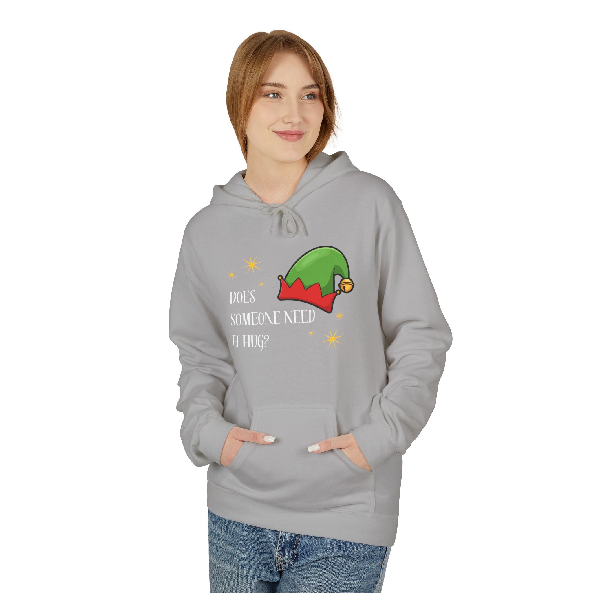 Elf Hug Hoodie — "Does Someone Need a Hug?" Cute Holiday Sweatshirt