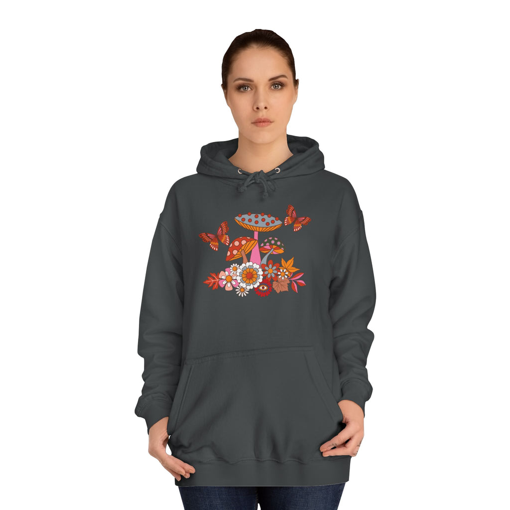 Retro Mushroom Hoodie — Floral Butterflies Campus Sweatshirt
