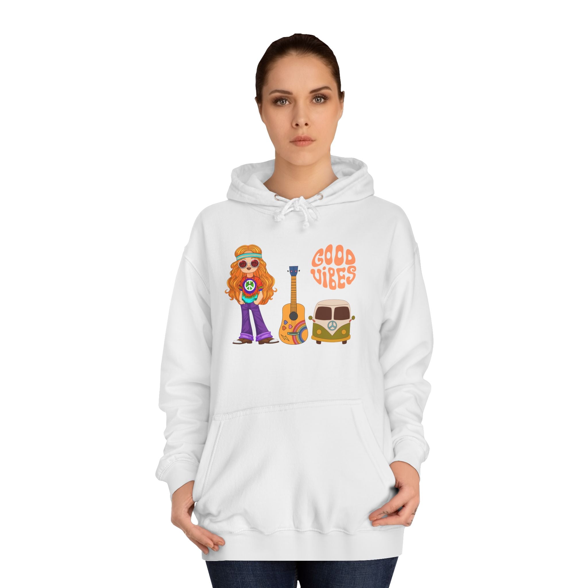 Hippie 'Good Vibes' Hoodie – Retro Guitar & Van Graphic