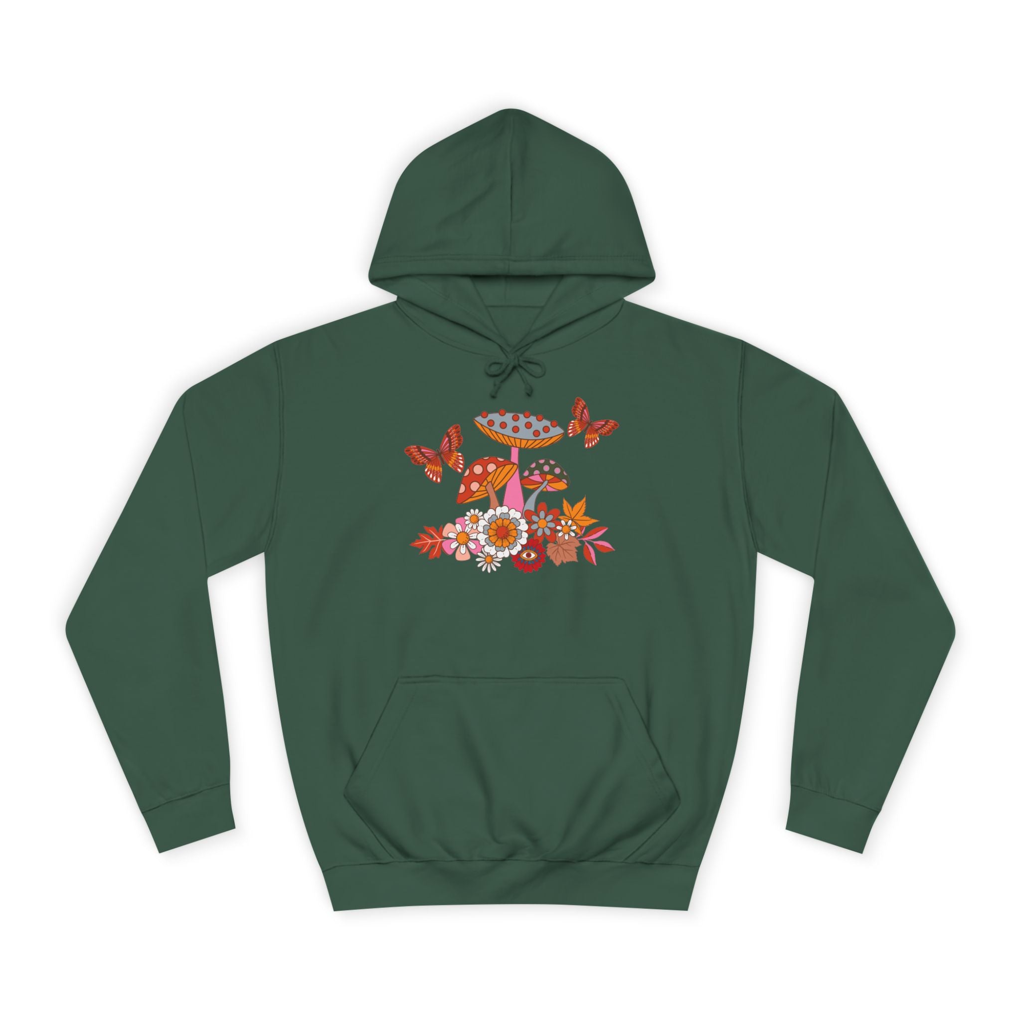 Retro Mushroom Hoodie — Floral Butterflies Campus Sweatshirt