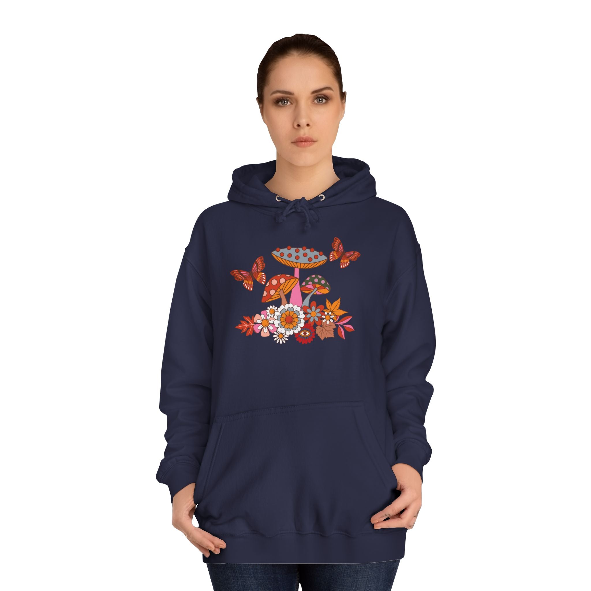 Retro Mushroom Hoodie — Floral Butterflies Campus Sweatshirt