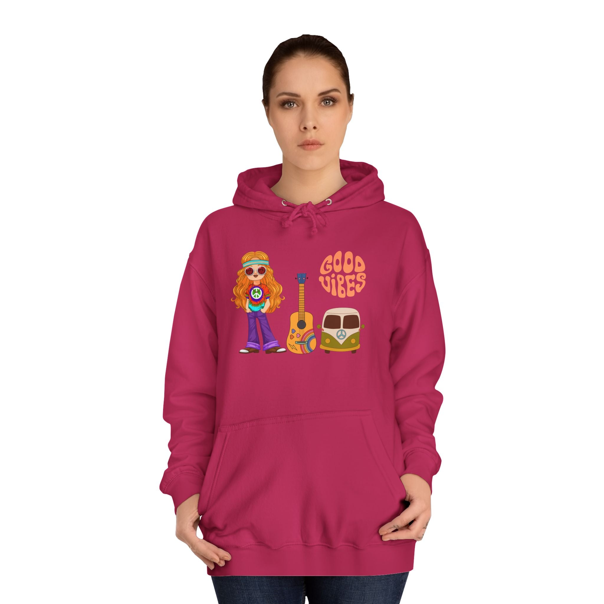 Hippie 'Good Vibes' Hoodie – Retro Guitar & Van Graphic