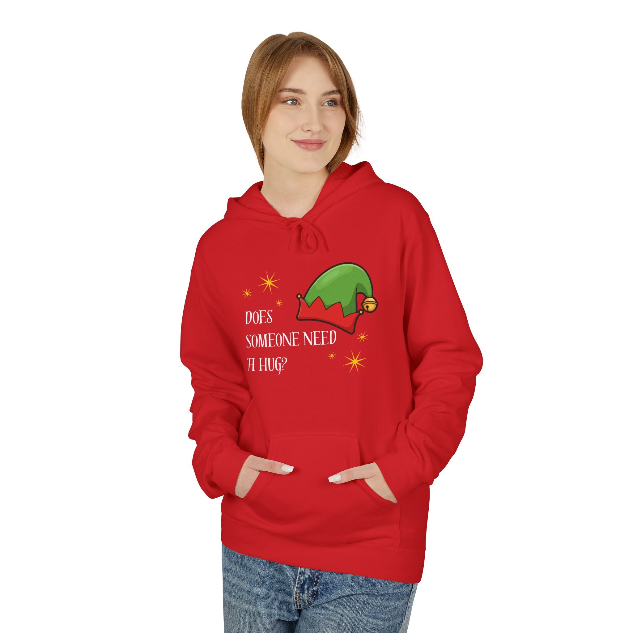 Elf Hug Hoodie — "Does Someone Need a Hug?" Cute Holiday Sweatshirt