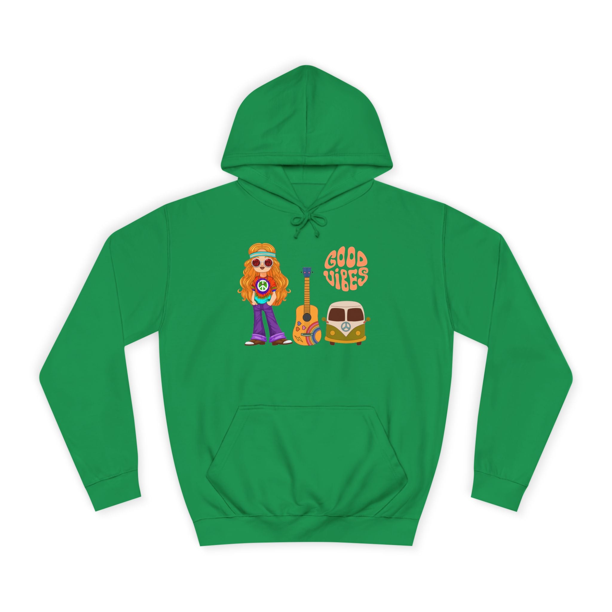 Hippie 'Good Vibes' Hoodie – Retro Guitar & Van Graphic