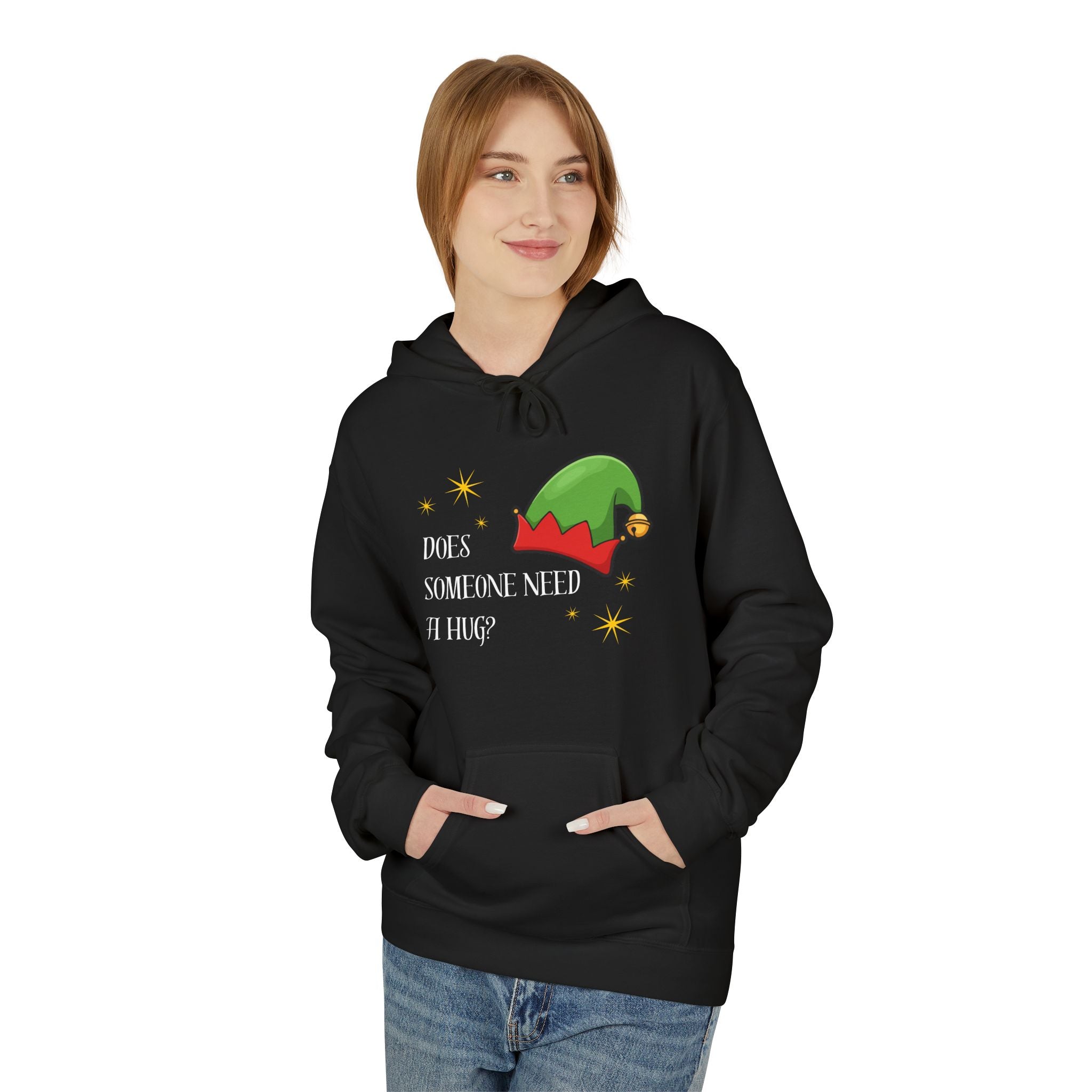 Elf Hug Hoodie — "Does Someone Need a Hug?" Cute Holiday Sweatshirt