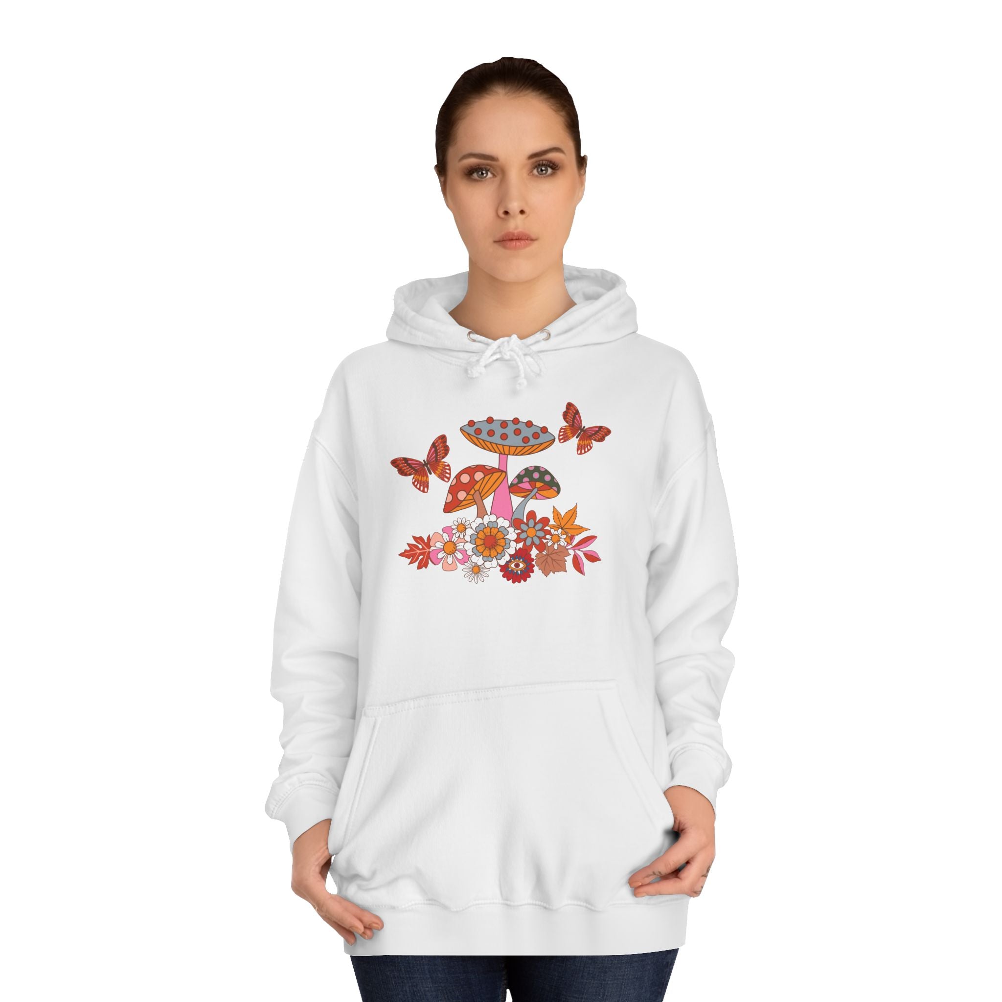 Retro Mushroom Hoodie — Floral Butterflies Campus Sweatshirt